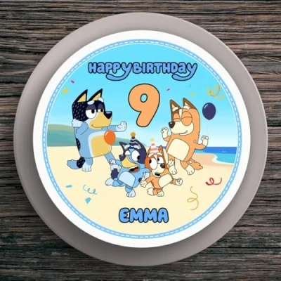 Abbildung von Tortenaufleger Geburtstag Bluey #1 Name &amp; Zahl (20cm) Fondant Papier