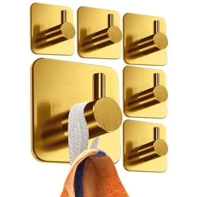 Abbildung von 4smile Handtuchhalter ohne Bohren, 6er Set, Gold Badezimmer aus Edelstahl, funktionale Klebehaken, hohe Tragkraft Wasserfeste Haken für Bad, selbstklebend, Handtuchhaken
