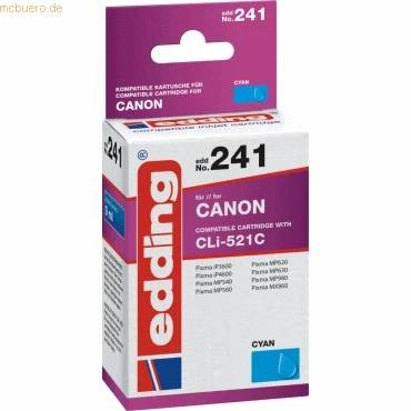 Abbildung von edding Druckerpatrone EDD 241 Einzelpatrone Cyan 10,5 ml Reichweite 690 Seiten Ersetzt Canon CLI 521C