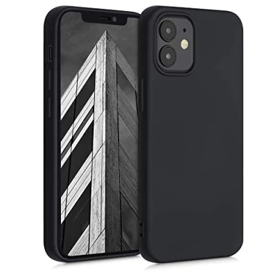 Abbildung von kwmobile Hülle kompatibel mit Apple iPhone 12 Mini weiches TPU Silikon Case Cover geeignet für kabelloses Laden Schwarz matt