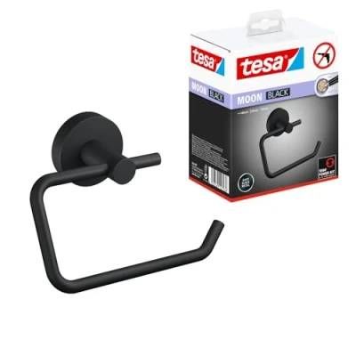 Abbildung von tesa Toilettenpapierhalter MOON Toilettenrollenhalter ohne Bohren 9,9 cm : 14 5,3 (Packung, 1 St., inkl. Klebelösung), selbstklebender WC Rollenhalter schwarz