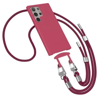 Abbildung von EAZY CASE Hülle mit Band kompatibel Samsung Galaxy S24 Ultra Handyhülle für Silikonhülle Mikrofaser stoßfest Fallschutz Handykette zum Umhängen 2in1 Schutzhülle Beeren Rot