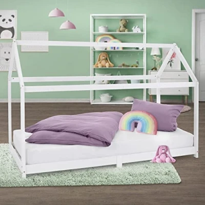 Abbildung von ML DESIGN Kinderbett Hausbett mit Dach und Lattenrost aus massivem Kiefernholz, Bett 90x200 cm Weiß stabiles Spielbett Kiefernholz