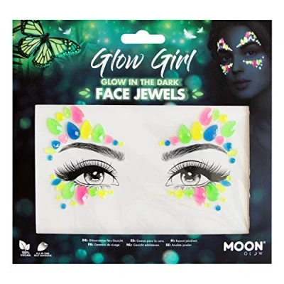 Abbildung von Moon Glow, im Dunkeln leuchtende Gesichtsjuwelen, Festival Gesichts und Körperedelsteine, Kristall Make up Augen Glitzeraufkleber, temporäre Tattoo Juwelen (Glow Girl) (mehrfarbig, 1 Stück)