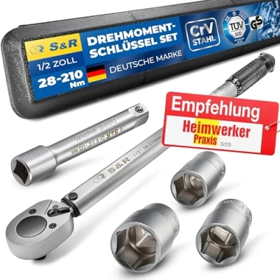 Abbildung von S&amp;R Drehmomentschlüssel 475mm, 1/2&quot;, 28 210 Nm, aus Chrom Vanadium, Umschaltbare Ratsche (Set, 5 St., + Verlängerung 125 mm, 3 Stecknüsse 17, 19, 21 mm), Reifenschlüsse fürs Auto, Fahrrad etc, TÜV geprüft GS bruchfeste Nüsse