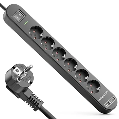 Abbildung von deleyCON 5m 6 Fach Steckdosenleiste mit USB Stromleiste 6X Schutzkontaktbuchsen 2X A Ladebuchse für z.B. Handy &amp; Tablet Überspannungsschutz EIN/AUS Schalter Schwarz