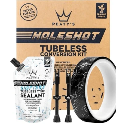 Abbildung von Peaty&#039;s Holeshot Tubeless Umrüstkit Straße und Gravel, 21mm Felgenband, 60mm Ventil, 120ml Biofibre Reifendichtmittel Fahrrad, Felgen Pannenschutz Zubehör für Reifen &amp;