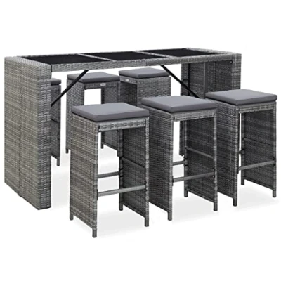 Abbildung von vidaXL Gartenbar Set 7 TLG. mit Auflagen Theke Bar Tresen Gartentheke Bartisch Stehtisch Barhocker Barstuhl Gartenmöbel Poly Rattan Grau