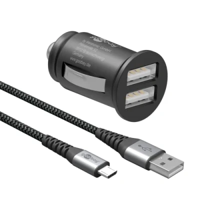 Abbildung von Goobay 64806 Dual USB Port Auto Ladegerät Zigarettenanzünder Adapter 12V / 24V Kfz Mini Ladestecker A Car Charger 15,5W inkl. 1m Micro Kabel
