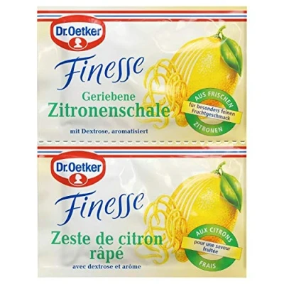 Abbildung von Dr. Oetker Finesse Geriebene Zitronenschale, 3er Pack, je Beutel 6 g, für besonderen Fruchtgeschmack, zum Verfeinern von Süßspeisen, Torten &amp; Desserts, vegan