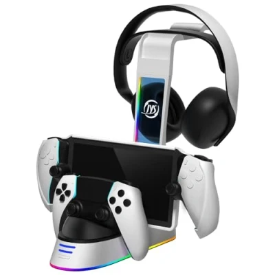 Abbildung von OKESYO PS Portal Ladestation mit Controller und Kopfhörer Halterung, Tragbare PS5 Ladeanzeige RGB Licht für Remote Player Zubehör, Magnetisches Kontaktladen