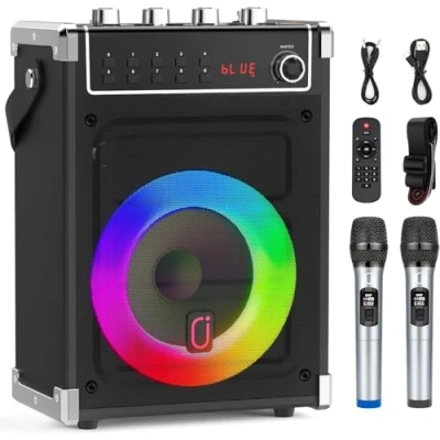 Abbildung von JYX Karaoke Maschine mit 2 UHF Funkmikrofonen, Bluetooth Lautsprecher Bass /Höhen Einstellung und LED Licht, PA Systemunterstützung TWS, AUX in, FM, Rec, Versorgung für Party/Erwachsene/Kinder