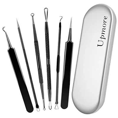 Abbildung von Upmore Pickel Werkzeug Set, Mitesserentferner, professionelle Edelstahl Akne, Hautunreinheiten, Komedonen Entfernungswerkzeug, mit Metallgehäuse und Pinzette, für Whitehead Akne auf der Nase