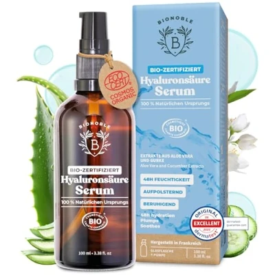 Abbildung von BIONOBLE Hyaluron Serum hochdosiert BIO zertifiziert Anti Aging &amp; Falten 100 % natürlichen Ursprungs mit Aloe Vera Glasflasche Pumpe Hyaluronic Acid Gesicht 100 ml