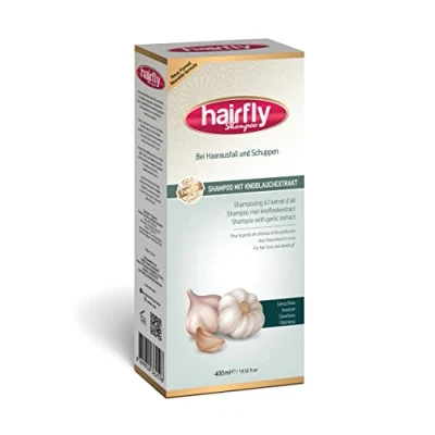 Abbildung von hairfly Shampoo mit Knoblauchextrakt Stimuliert das Haarwachstum Bekämpft Schuppen Reduziert Haarausfall Verbessert die Haarstruktur Reinigt und nährt Kopfhaut