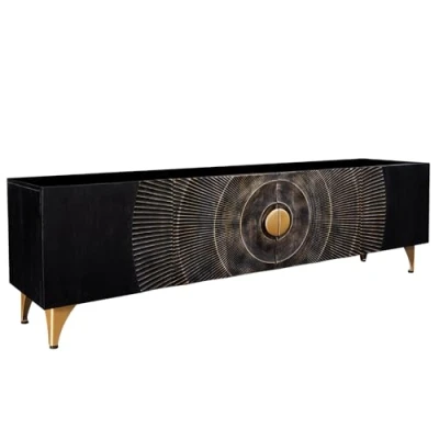 Abbildung von riess ambiente Lowboard GOLDEN SUNSET 180cm schwarz gold (Einzelartikel, 1 St), Mango Massivholz · Metall TV Schrank 3D Front Design Wohnzimmer
