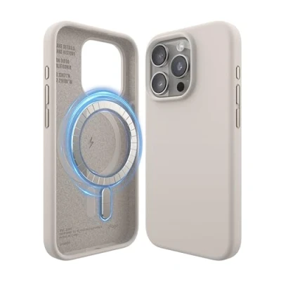 Abbildung von elago Magnetische Silikonhülle kompatibel mit iPhone 15 Pro, Allen MagSafe Zubehören, eingebaute Magnete, Premium Silikon, Rundumschutz