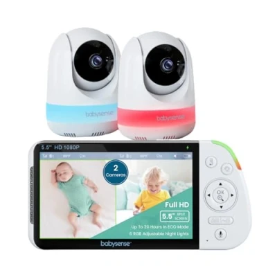 Abbildung von Babysense Babyphone mit Kamera und 5,5 Zoll 1080p Full HD Geteilte Bildschirmanzeige, 2 Kameras, RGB Nachtlicht, 5000mAh Großer Akku, Wege Audio, 4X Zoom, Ohne WLAN, Model: MaxView 2CAM