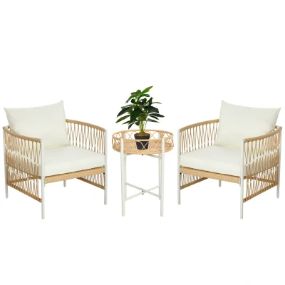 Abbildung von Outsunny 3er Set Rattan Gartenmöbel Set, Gartengarnitur mit 2 Gartenstühle, Couchtisch, Balkonmöbel Kissen, für Balkon, Terrasse, Gelb+Creme