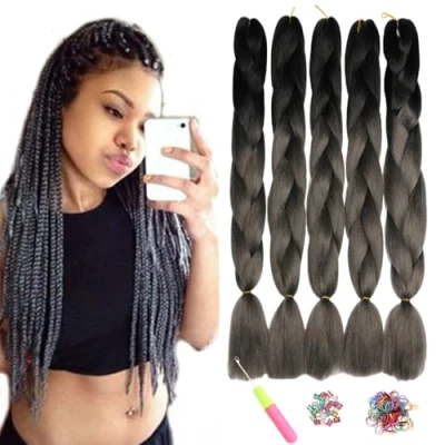 Abbildung von ShowJarlly Jumbo Braid Kunsthaar Haar, Ombre Extension, 24 Zoll Kanekalon Haar Flechten Extensions 5 Stücke Für Crochet Twist Box Zum Einflechten Zöpfe Schwarz/Dunkelgrau#