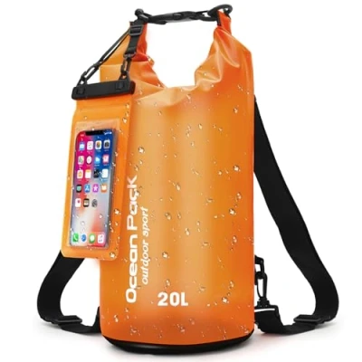 Abbildung von Dry Bag wasserdichte Tasche 5l 10l 15l 20l Liter Wasserfester Packsack Seesack Beutel Waterproof Drybag + Roll Top Schultergurt Schwimmen Baden Strand Kanu SUP Tauchen Handy (Orange, 20 L)