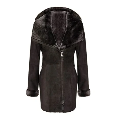 Abbildung von Infinity Leather Brauner Lammfell Schaffell Merino Veloursledermantel mit Kapuze für Damen