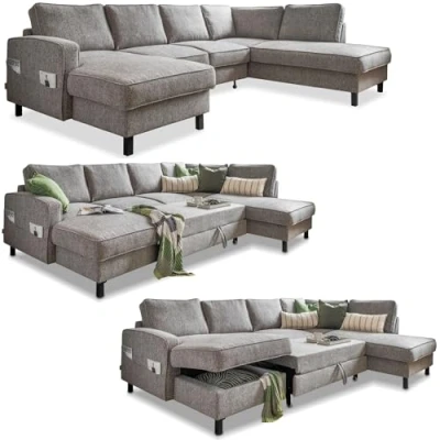 Abbildung von MIUFORM Wohnlandschaft U Form, Sofa Grau Ecksofa mit Schlaffunktion und Bettkasten, Form Schlaffunktion, Big XXL Couch (Rechts)