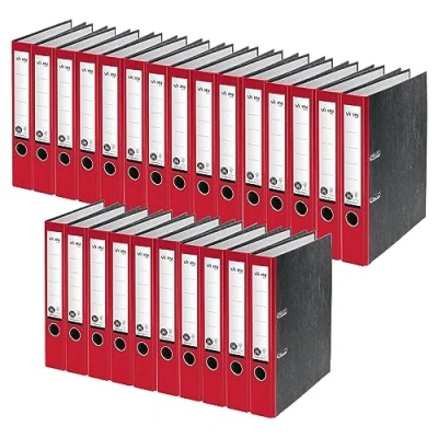 Abbildung von VON Leitz Ordner A4, 25er Pack, 100 % Recyclingpapier, 50 mm Rückenbreite, Für 350 Blatt, Blauer Engel &amp; FSC zertifiziert, Schule, Studium Zuhause, Rot, 10540025
