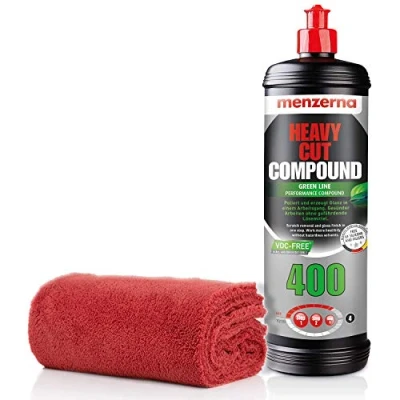 Abbildung von detailmate Autopflege Set Auto Polier Set: Menzerna Politur Heavy Cut, Medium Finish, Carnauba/Polymer Wachs + Mikrofaser Poliertuch zum Auspolieren Lack (Green LINE 400 Cut 1L)