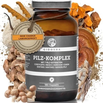 Abbildung von QIDOSHA® Pilz Komplex Kapseln, 180 Stk im Apothekerglas, hochreine Dual Extrakte aus den 7 Vitalpilzen Cordyceps, Reishi, Hericium, Chaga, Maitake, Shiitake, Agaricus blazei (Mandelpilz), vegan