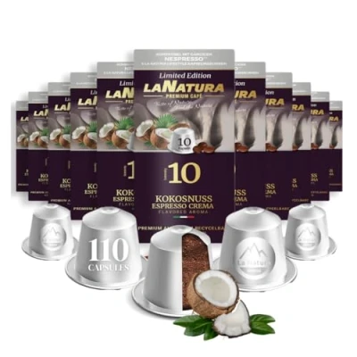 Abbildung von Kaffeekapseln Kokosnuss Espresso Crema Premium Aromatisierter 110 Aluminium 100% Recycelbar La Natura Lifestyle