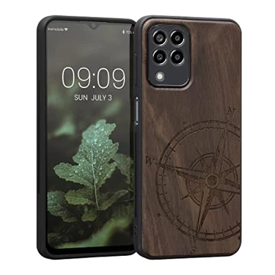 Abbildung von kwmobile Hülle kompatibel mit Samsung Galaxy M33 5G Holz Case Handy Cover TPU Handyhülle in Dunkelbraun Kompass Vintage