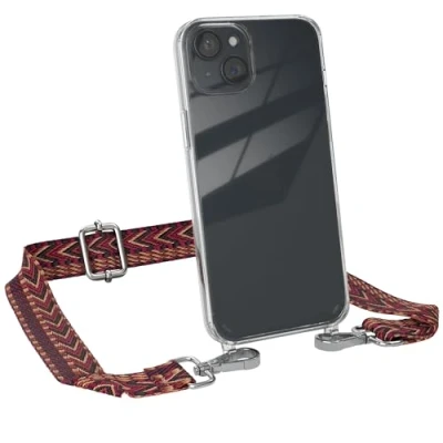 Abbildung von EAZY CASE Handykette mit verstellbarem Trageriemen für iPhone 15 Plus Taschengurt zum Wechseln transparenter Handyhülle Hülle dünner Schulterriemen in Rot Braun Silber