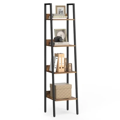 Abbildung von VASAGLE Bücherregal, Leiterregal 4 Ebenen, schmales Regal, offenes Standregal für Arbeitszimmer, Wohnzimmer, Schlafzimmer, Küche, Industrie Design, vintagebraun schwarz LLS108B01