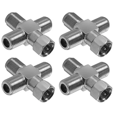 Abbildung von Poppstar 4X Sat TV Coax Verteiler Kreuz Stück (3X F Buchse auf 1x Stecker (6 Kant Mutter)) Antennen Splitter Adapter für Koaxialkabel, Antennenkabel, silbern
