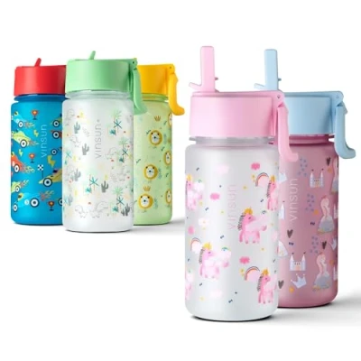 Abbildung von Vinsun Trinkflasche Kinder 500ml Auslaufsicher mit Strohhalm rosa Einhorn, BPA frei, auslaufsicher, bruchsicher, Geruchs und Geschmacksneutral
