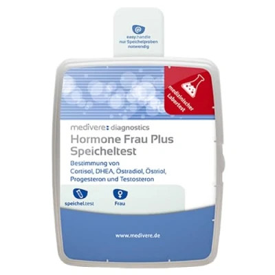 Abbildung von medivere Hormonprofil Frau plus Speicheltest DHEA, Östradiol, Östriol, Progesteron, Testosteron und Cortisol Hormontest für Frauen Laborchemische Analyse zur Bestimmung der hormonellen Situation