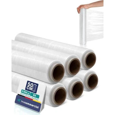 Abbildung von Inoverse 6 Rollen Stretchfolie Transparent Wickelfolie 50cm/2kg, Folie Für Möbel &amp; Umzug, Palettenfolie, Handstretchfolie, Verpackungsfolie auf Rolle, Strechfolienrolle, Verpackungsmaterial