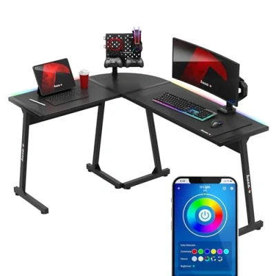 Abbildung von huzaro Hero 6.0 RGB L Form Eckschreibtisch Gaming Tisch Schreibtisch LED Beleuchtung mit Musik synchronisieren Rechts Links Montage Carbon Tischplatte Homeoffice 147x112cm Schwarz