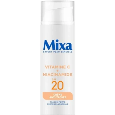 Abbildung von Mixa Anti Fleckencreme LSF 20 mit Vitamin C und Niacinamid dunkle unregelmäßige Töne gleichmäßiger Aufheller leichte erfrischende Textur Antioxidations Pumpenflasche 50 ml