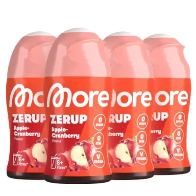 Abbildung von MORE Zerup, Apple Cranberry, 4 x 65 ml, für bis zu 32 l Fertiggetränk, zuckerfreier Sirup mit echten Fruchtextrakten, vegan, zero Kalorien made in Germany