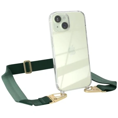 Abbildung von EAZY CASE Hülle mit Band kompatibel iPhone 15 Handyhülle Umhängeband für Silikonhülle Transparent Schutzhülle Handykette zum Umhängen Handykordel Smartphone in Grün Gold