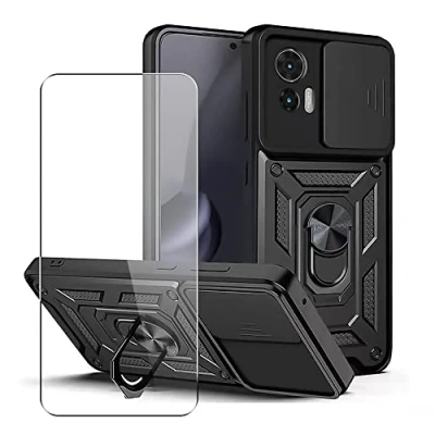 Abbildung von SDTEK Hülle Kompatibel mit Motorola Moto Edge 30 Neo, Handyhülle Kameraobjektivschutz, Ständer, Magnetringhalter Glas Displayschutzfolie (Schwarz)