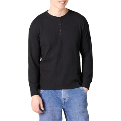 Abbildung von Amazon Essentials Herren Langärmeliges Waffel Henley, Schmale Passform, Schwarz, XL