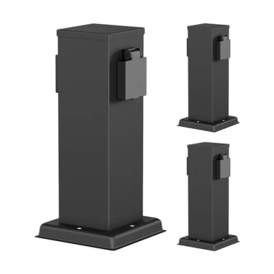 Abbildung von ledscom.de 3 Stück Garten Steckdosensäule Polly für außen, IP44, 2 Fach, Edelstahl, schwarz, eckig, 27 cm