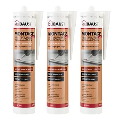 Abbildung von 3x dubaust AMK24 Universal Montagekleber Holz Styropor Stein Zierleisten überstreichbar Acrylatklebstoff 511g Kartusche Weiss