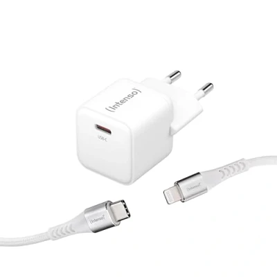 Abbildung von Intenso Power Adapter W30C GaN Set, USB C Netzteil mit 30 Watt und Technologie zu Lightning Daten+Ladekabel, Mfi Zertifiziert, weiß