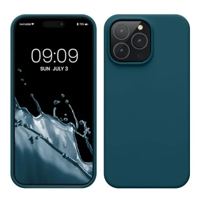 Abbildung von kwmobile Hülle für das iPhone 14 Pro Max dünnes Silikon Handy Case stoßfeste Handyhülle mit weicher Oberfläche unterstützt kabelloses Laden Petrol matt