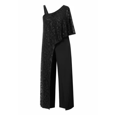 Abbildung von Ulla Popken Funktionshose Jumpsuit Spitzen Überwurf weites Bein Pailletten