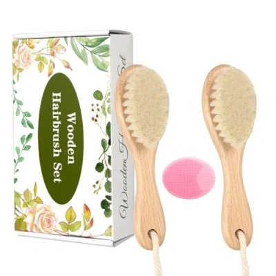 Abbildung von Baby Holzbürste und Kamm, 2 Stück, natürliche Ziegenborsten, Haarbürste mit Wiegenkappe, Kamm für Neugeborene, Kleinkinder, Jungen, Mädchen (Rosa)